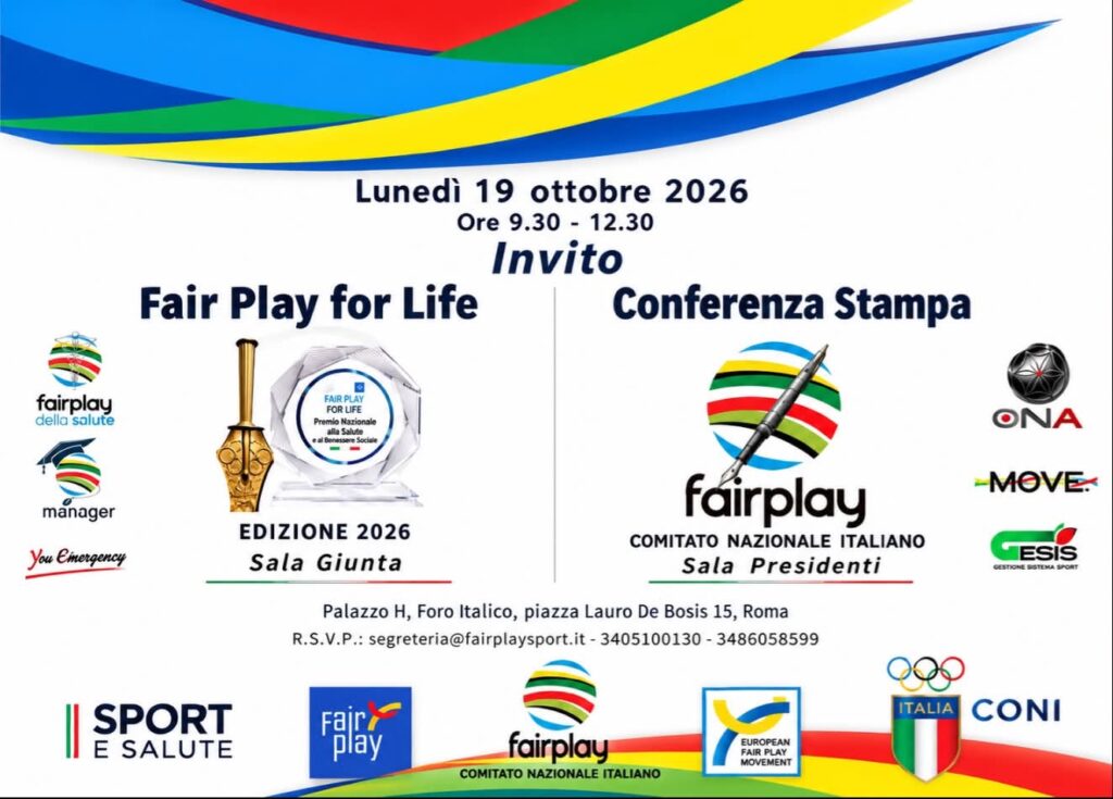 Dal nuovo inno Fair Play al Festival of Inclusion, il CNIFP unisce sport, salute, arti performative e impegno sociale.
Lo sport come palestra di etica, la salute come bene collettivo, l’arte come strumento di cura e inclusione. Sono i temi al centro della manifestazione e della conferenza stampa del FAIR PLAY FOR LIFE 2026. Promosse per riflettere su quanto realizzato e annunciare le prossime attività del Comitato Nazionale Italiano Fair Play (CNIFP). In programma lunedì 19 ottobre al Palazzo H del Foro Italico, largo Lauro De Bosis 15, a Roma.
Dalle ore 9.30 alle ore 11.00, Sala Presidenti Conferenza stampa nazionale Fair Play e del III Festival of Inclusion